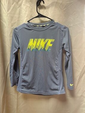 Nike Dri-Fit Youth Medium Gray Neon Logo Athletic Long Sleeve Shirt